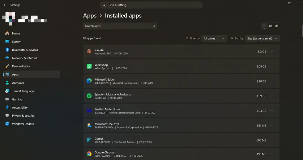 Windows Settings showing Claude app using 5.3GB after cleanup