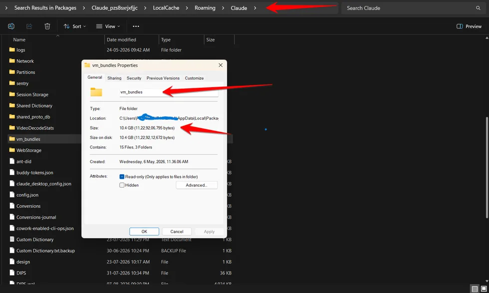 Windows Properties dialog showing the Claude vm_bundles folder at 10.4GB