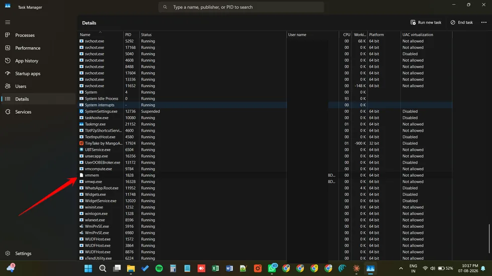 Windows Task Manager Details tab showing the vmmem process